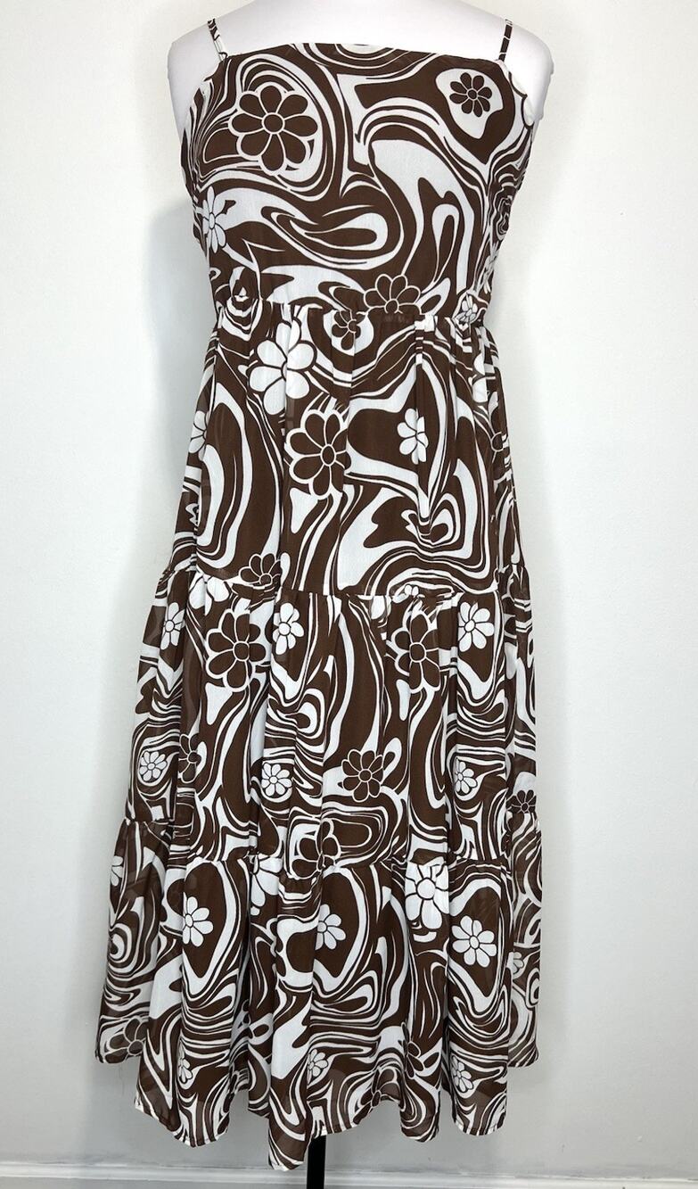 Justify Dress Women L Brown White Floral Boho Midi Spaghetti Strap Smocked Back